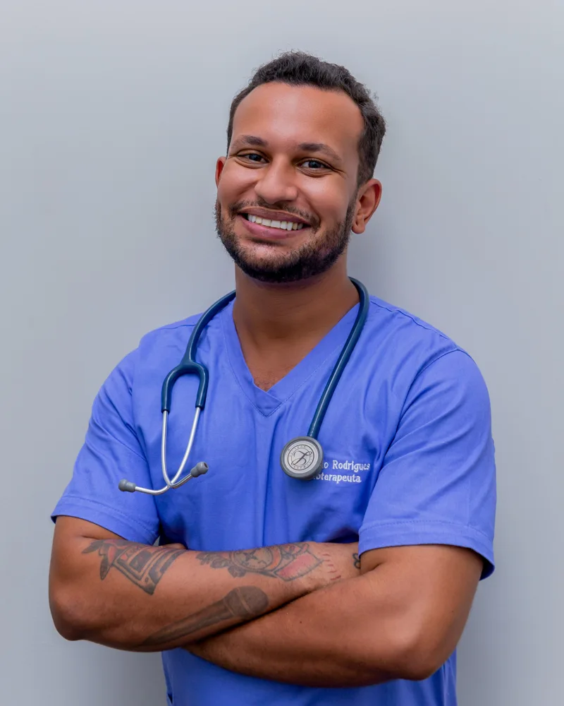 An example of a doctor wearing scrubs and a stethoscope.