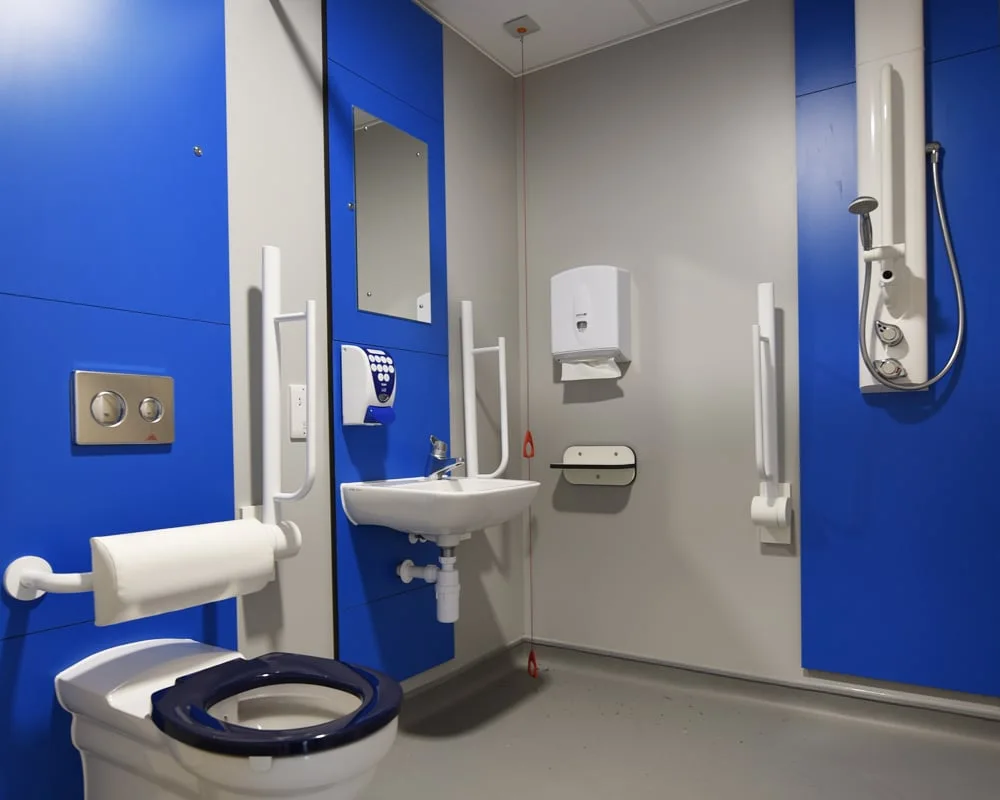 An example of an accessible toilet with grab rails and an alarm cord.